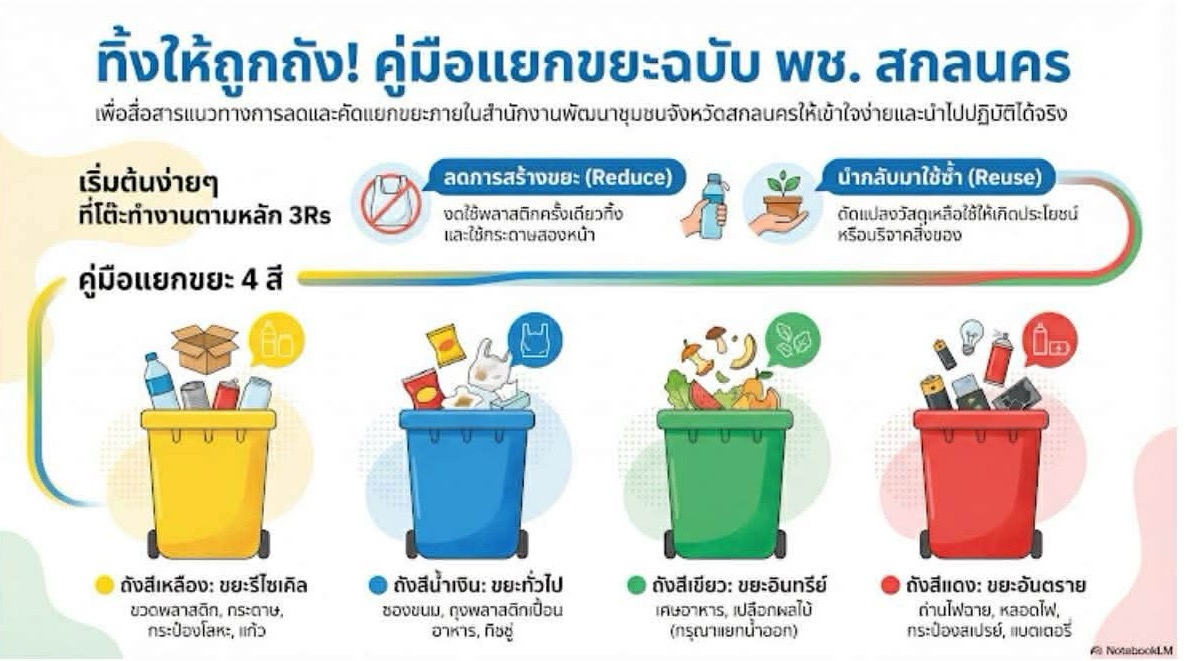 ♻️ พช.บ้านม่วง ชวนทุกคน “ทิ้งให้ถูกถัง” ร่วมกันลดและคัดแยกขยะตามหลัก 3Rs (Reduce Reuse Recycle)